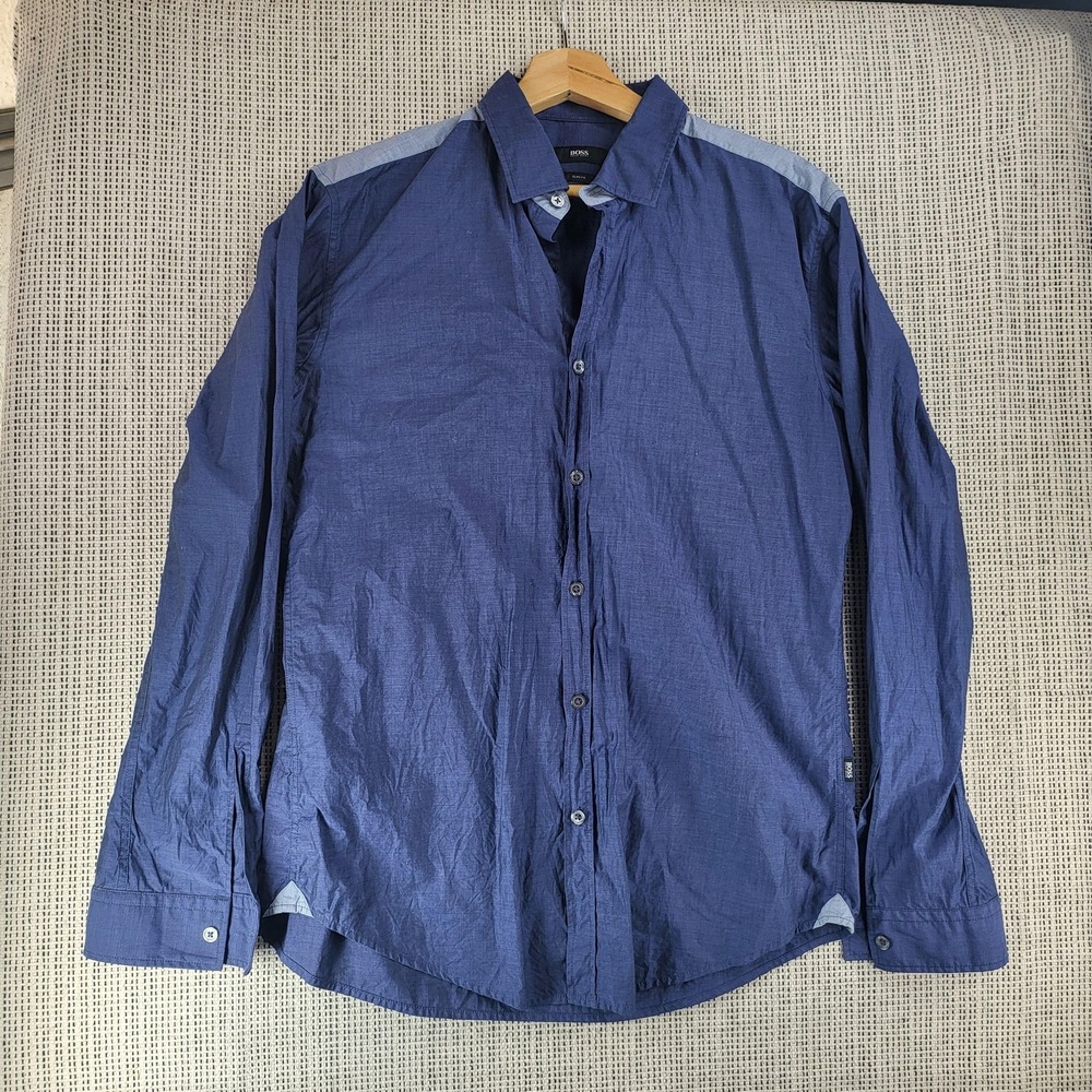 Hugo Boss Shirt Mens Large Blue Slim Fit Long Sleeve Button Up Contrast Yoke